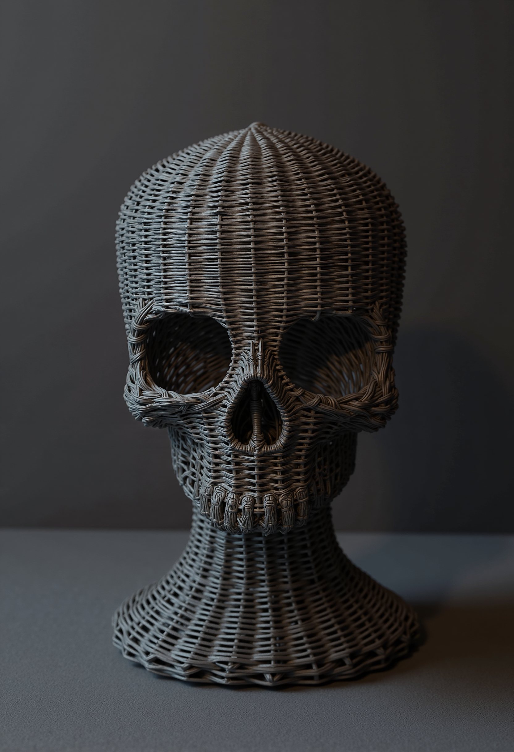 wkrstyle skeleton head, on a dark grey table
