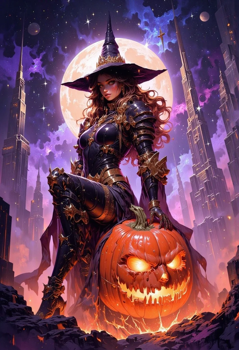 FredFraiStyle, aidmaMJ6.1, drkfnts style
A vibrant and detailed anime-style illustration of a cyberpunk witch posing as she sits atop a large mechanical glowing pumpkin. The witch is confident and has a playful smile, teasing expression, and alluring pose as she looks directly at viewer with a flirtatious gaze. Digital illustration featuring a science fiction fantasy-themed scene. The layout is vertical, showcasing a young woman with long, wavy brown hair and fair skin, dressed in a form-fitting, shiny black cybernetic outfit with a matching wide-brimmed witch hat. She is seated on a large carved mechanical pumpkin with a glowing, menacing face. The background blends mystical night sky with a large, luminous space station and silhouetted futuristic-style buildings. drkfnts style, FredFraiStyle, Knight, Armor, Warrior, mythp0rt