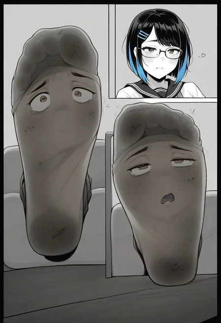 score_9, score_8_up, score_7_up, 
comic panels,2panels ,
[panel1 ： detailed , 1girl, (black hair:1.1), highlights in hair, blue highlights, bob cut hair style, messy hair, hair clip, hazel eyes, square frame glasses, black frame glasses, school uniform, short skirt, blue and white socks,  school，classroom,sitting on a chair,] ,
[ panel2 ：Stretch out your socked feet, the soles of your socked feet, the focus of your soles,Looking from below, looking down,]manga page,manga layout, panels, manga panels, page layoutcomic panels, manga page, speedlines, cover,  hearts, living socks, socks have detailed faces on soles, dirty socks, smelly socks,