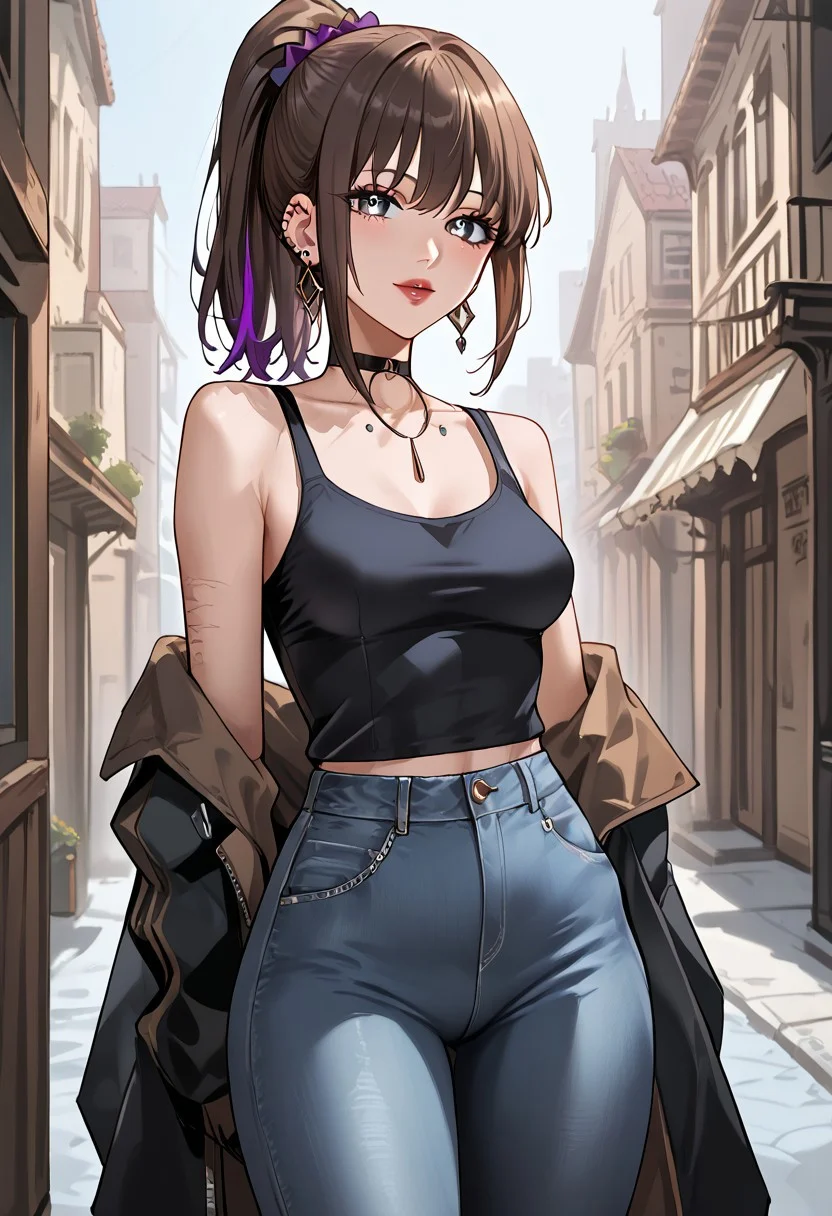 score_9, score_8_up, score_7_up, score_6_up, 1girl, expulse, medium hair, side-swepped bangs, brown hair, purple streaks, ponytail, BREAK, grey eyes, short neck, gorgeous lips, ear piercings, BREAK, medium breasts, pale skin, BREAK, solo, alone, black tanktop, tight jeans, sexy gal, no make-up (masterpiece:1.2), best quality, high resolution, unity 8k wallpaper, (illustration:0.8), (beautiful detailed eyes:1.6), extremely detailed face, perfect lighting, extremely detailed CG, (perfect hands, perfect anatomy),