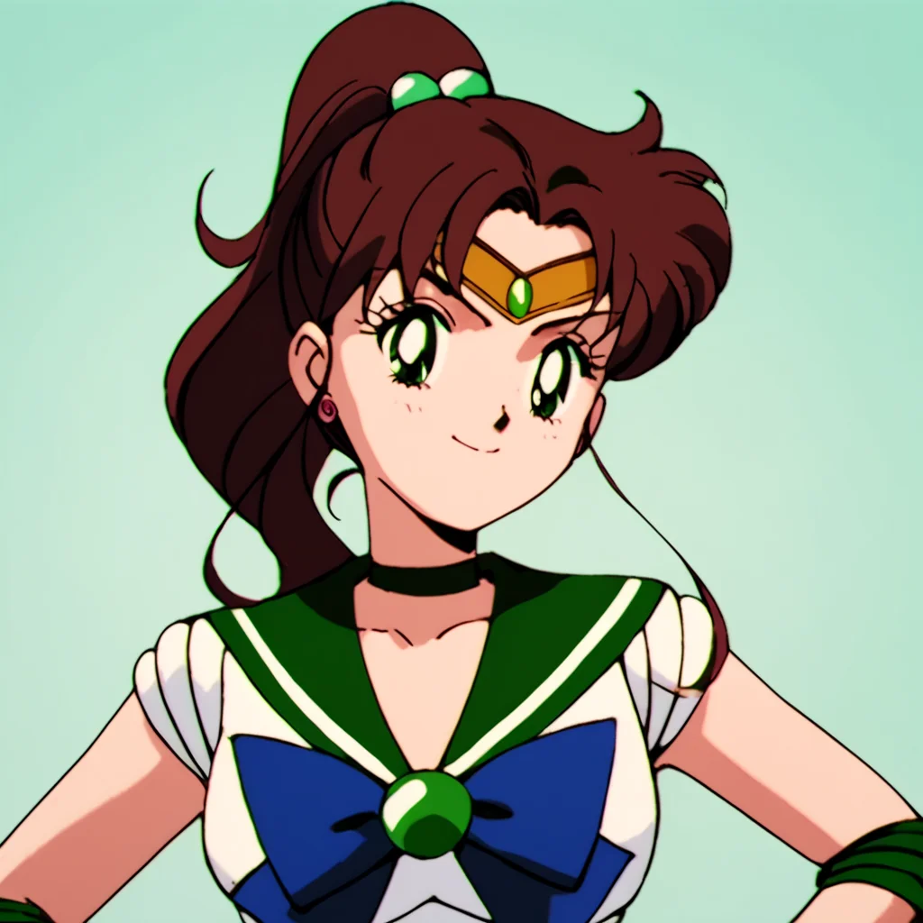 score_9, score_8_up, score_7_up, score_6_up, score_5_up, score_4_up, source_anime, , Sailor_Jupiter, brown hair, green eyes, high ponytail, sailor senshi uniform, green sailor collar, , soft smile, standing, hands on hips