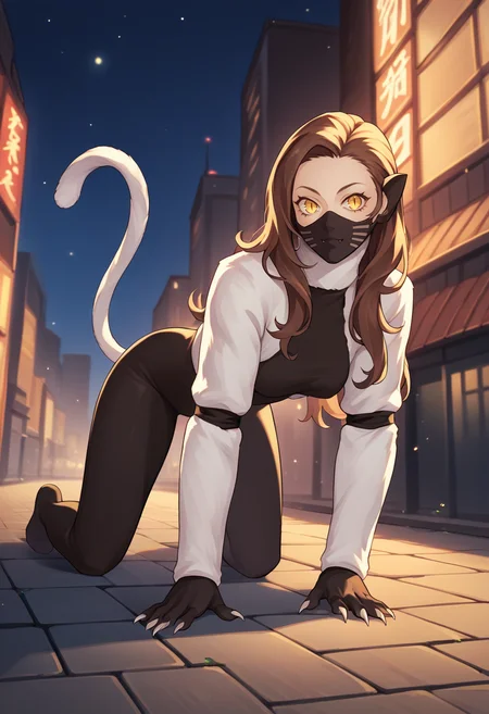 score_9, score_8_up, score_7_up, source_anime, 1girl, all fours, looking at viewer, <lora:zs_NekomataXL:1> nekomatasmt, brown hair, long hair, yellow eyes, slit eyes, cat tail, animal ears, claws, face mask, bodysuit, bolero, outdoors, night, city