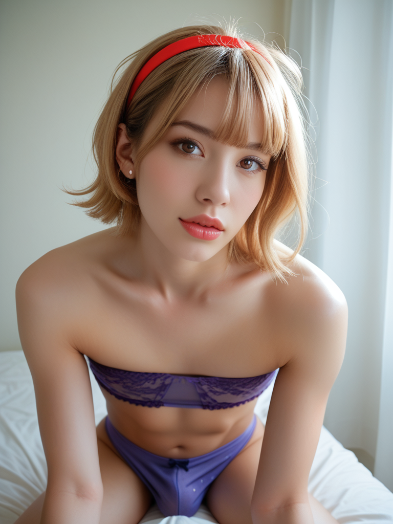 score_9, score_8_up, score_7_up, cute pose, low angle, <lora:Newhalf_Gravure:.6>, big bulge, nhgravure, crossdressing, crossdresser, newhalf, gravure, otoko no ko, trans girl, tgirl, solo, bandeau top, sheer micro_panties, g-string, flat chested, arms behind head, male focus, frolicking, full lips, big lips, blushing, 1boy, brown eyes, (parted lips), looking at viewer, panty bulge, r/tbulges, blonde, hairband, bangs, short hair, jagged hair, messy hair, (realistic skin texture)