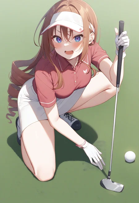 1girl,sincos, ningen mame, toosaka asagi,solo,large breasts,20yo,
golf,golf club,gloves,shirt,skirt,visor cap,outdoors,day,<lora:golf_XL_v1:0.8>
from above, full body, looking to the side, orange hair, purple eyes,evil smile, open mouth, ringlets hair,,
best quality, very aesthetic, absurdres