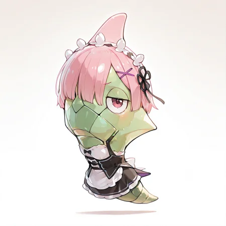 (masterpiece), (best quality), (ultra-detailed), green metapod, full body, slightly turned, two eye visible, clothed pokemon, green dorsal fin, short pink hair, hair over one eye, no hands, no arms, roswaal mansion maid uniform, waist apron, frills, dress, maid headdress, x hair ornament, hair black ribbon, dress, half-closed eyes, looking at viewer, crossplay of ram (re:zero), illustration, perfect composition, intricate details