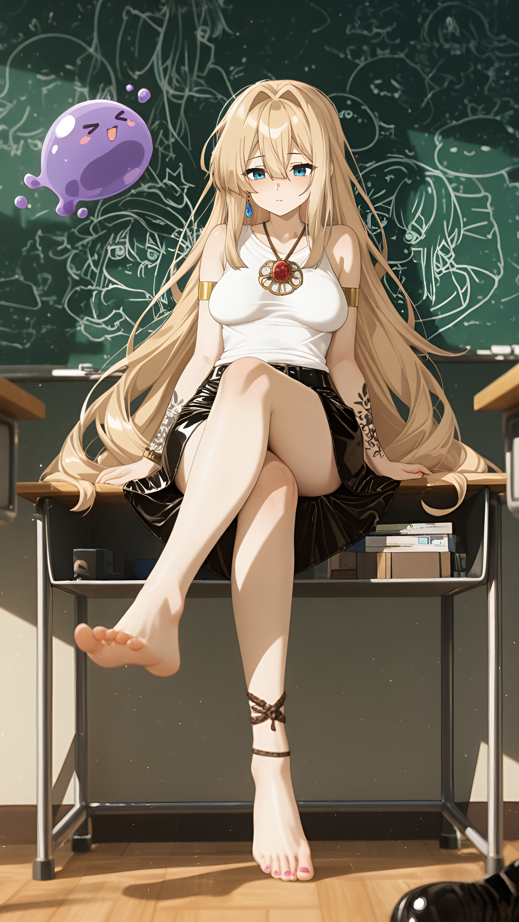 barefoot, leather_skirt, ultra-detailed, ambient occlusion, dark skin, Modern university classroom, Ankle cross sit - Sitting with one ankle crossed elegantly over the other, motion_blur:1.1, earrings, 2girls, Behemoth, long flowing hair, RTX, very long hair, pastel colors, asymmetrical_top, desks, feet slightly pointed, Sunny/Clear, sagging breasts, slime_(creature), absolutely eye-catching, Gold Theme, masterpiece, nail_polish, motion_lines:1.1, blurry foreground, whiteboard., depth of field, Midnight, absurdres, cinematic composition, 8K, ray_tracing, very aesthetic, best quality, Violet Evergarden (Violet Evergarden), knee_high_boots, anime character, armlets, medium breasts, newest, wrist tattoo, amazing quality, tilt-shift photography, Ginger hair