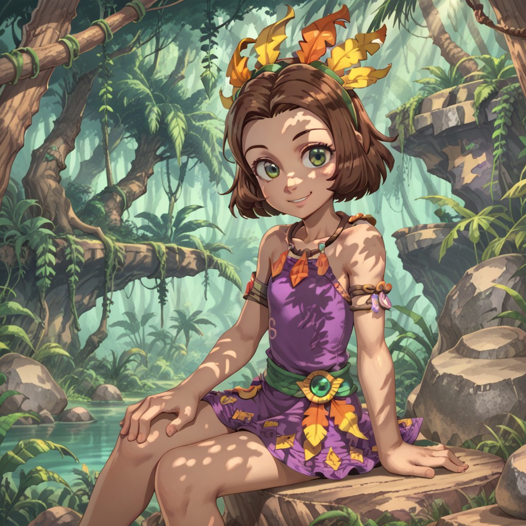 score_9, score_8, score_7, break, zaria_tpj, brown hair, short hair, feather headdress, dress, green eyes, jungle, sitting, rock, smile, looking at viewer, sunlight, shadows, natural lighting