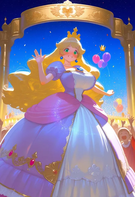 ,  high_quality, highres, detailed_eyes, beautiful, detailed, masterpiece, best quality, absurdres, 8k,  1=2 style
Waving, smile, blush
1girl, huge breast, saggy breast, wide hips, 
Long hair, blonde hair, drilled hair, big hair, green eyes, (princess 1:2), large crown, (princess dress 1:2),gold trim
Background : blue sky, part celebration, balloons, confetti, stars, magic, glitter, festival, mulitiple people, Royal palace