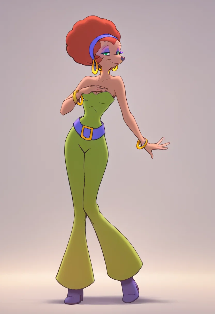 Sylvia, 1girl, purple belt, solo, jewelry, breasts, hoop earrings, bare shoulders, half-closed eyes, orange hair, hairband, green eyes, cleavage, green pants, strapless, smile, makeup, furry female, purple hairband, eyeshadow, bangle, medium breasts, small breasts, pants, full body, standing, afro looking at viewer, score_9, score_8_up, score_7_up, score_6_up, score_5_up, score_4_up <lora:SylviaMarpolePony1.0:1> ,simple background,