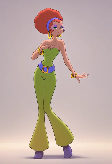 Sylvia, 1girl, purple belt, solo, jewelry, breasts, hoop earrings, bare shoulders, half-closed eyes, orange hair, hairband, green eyes, cleavage, green pants, strapless, smile, makeup, furry female, purple hairband, eyeshadow, bangle, medium breasts, small breasts, pants, full body, standing, afro looking at viewer, score_9, score_8_up, score_7_up, score_6_up, score_5_up, score_4_up <lora:SylviaMarpolePony1.0:1> ,simple background,