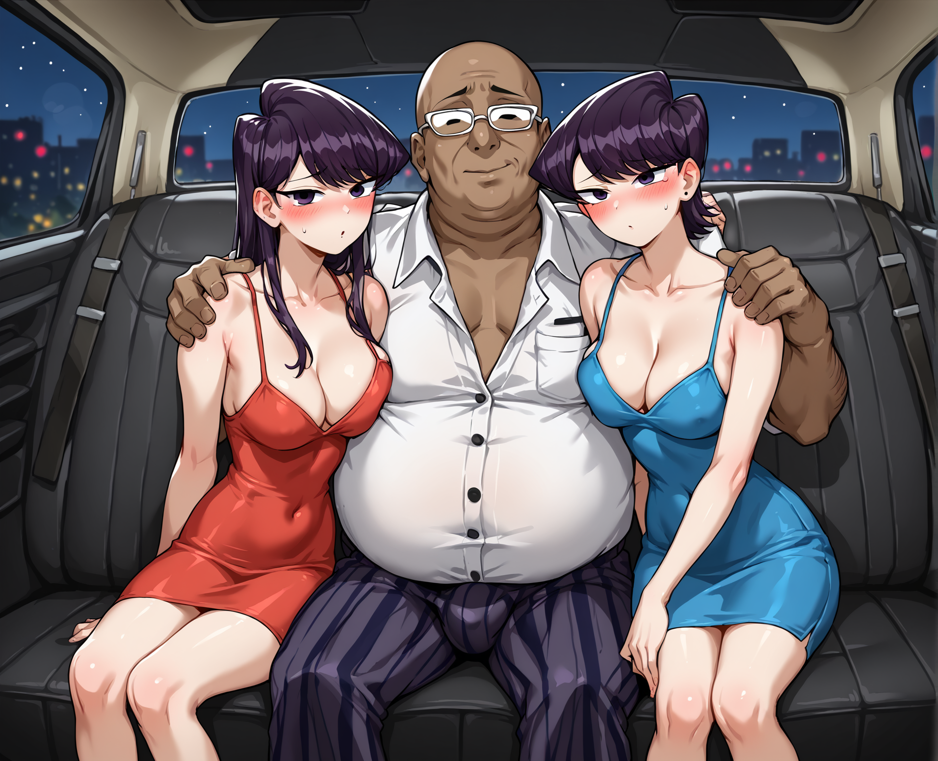 score_9, score_8_up, score_7_up, source_anime BREAK 2girls, 1boy, komi shouko, komi shuuko, purple hair, purple eyes, from front, sitting, breast press, arm around shoulder, breast press, dress, medium breasts, cleavage, bare arms, car interior, hetero, faceless male, night, netorare, cheating (realationship), <lora:Car_back_seat_front_view:1>, male in suit, fat man, age difference, dark-skinned male, bald male, embarrassed, bulge, rating_questionable