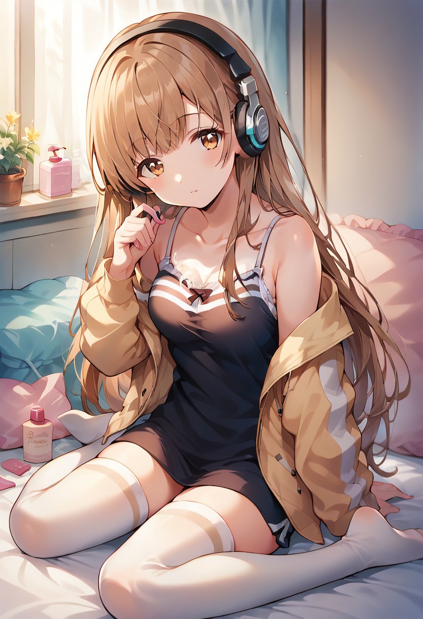 score_9, score_8_up, score_7_up, source_anime,mahiru shiina, brown eyes, long hair, brown hair, 1girl, solo, thighhighs, headphones, camisole, perfume, sitting, striped, looking at viewer, no shoes, jacket