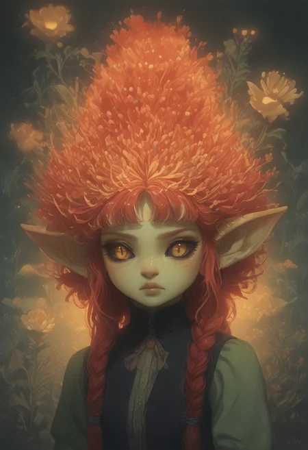 (Score_9:1.1), score_8_up, score_7_up,
(glimmer,glitter,limited lighting, high contrast, highres, closed_mouth:1.4, absurdres),(leaning forward:0.4)
Fl0ralD0lls ,Goblin
solo, short stature, shortstack, pointed ears, big eyes,goblin ears, goblin woman, green skin, big eyes, glimmering eyes, (black sclera, slit pupils, yellow iris, glowing iris), (ferns:1.3), realistic, focus on face, hime cut, red hair,((hair in very long single braids)), big lips, full lips, glossy lips, matte skin, matte colours