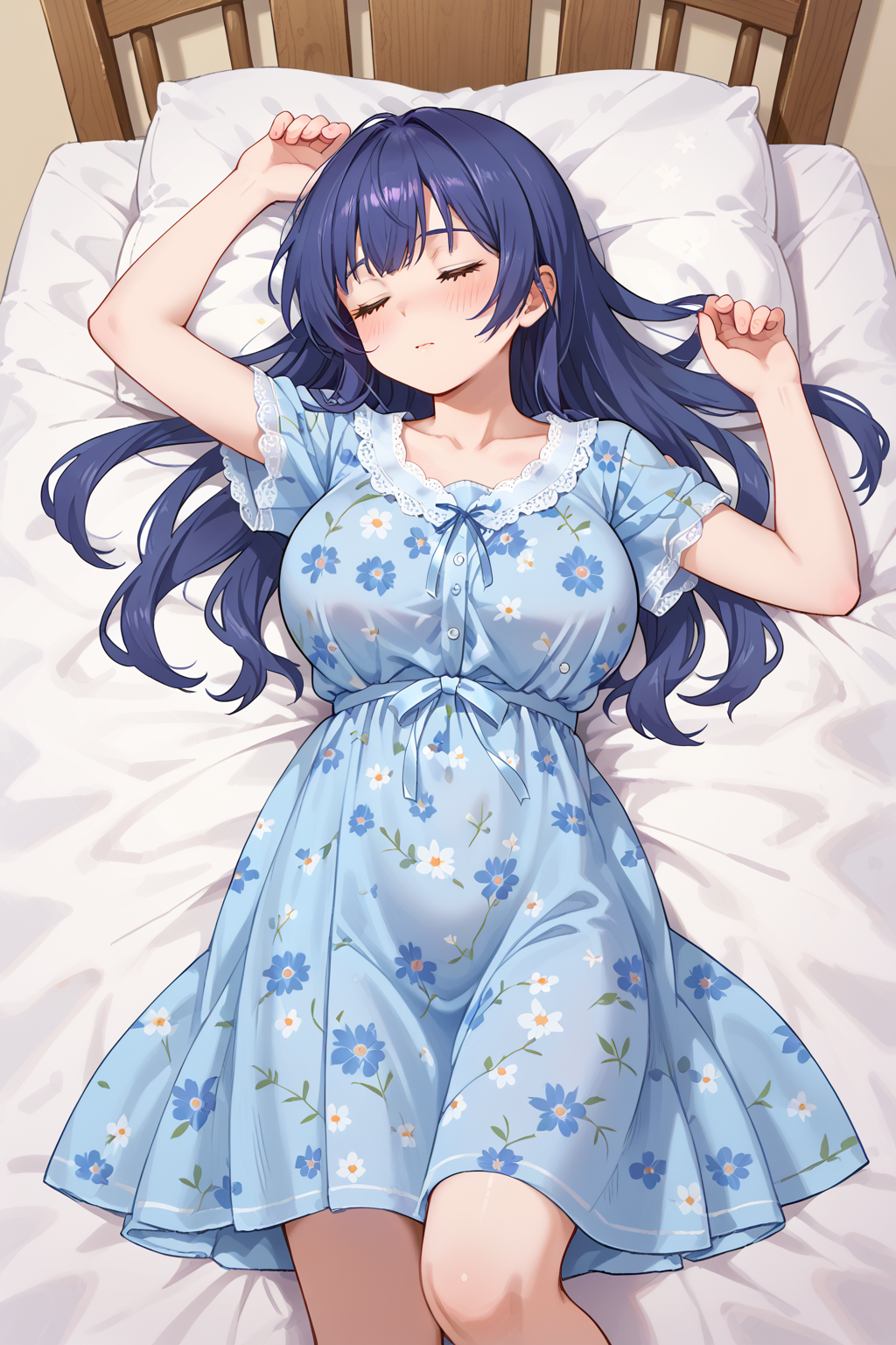 score_9, score_8_up, score_7_up, source_anime, BREAK, blush, large breasts, bed sheet, on bed, lying, on back, closed eyes, sleeping, <lora:Futon7979 V2 Pony:0.6>,  <lora:Floral Nightgown Pony:0.6> floral nightgown
