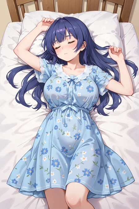 score_9, score_8_up, score_7_up, source_anime, BREAK, blush, large breasts, bed sheet, on bed, lying, on back, closed eyes, sleeping, <lora:Futon7979 V2 Pony:0.6>,  <lora:Floral Nightgown Pony:0.6> floral nightgown