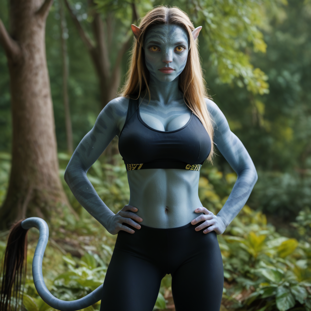 score_9_up, score_8_up, BREAK, 1girl, solo, Na'vi, blonde hair, long hair, yellow eyes, pointy ears, colored skin, blue skin, striped skin, sweeping tail, large breasts, camouflage sports bra, black leggings, cowboy shot, hands on own hips, depth of field, <lora:NaVi_Race_Avatar_JC_PXL_Leaf1:1>, realistic, cinematic lighting,