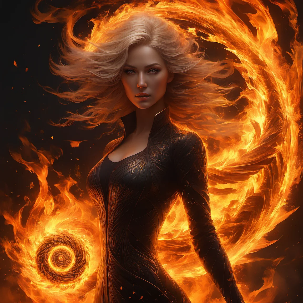 fireart, a woman , intricate, elegant, highly detailed, digital painting, artstation, concept art, smooth, sharp focus, illustration, art by wlop, charlie bowater and alexandra fomina,a fire spiral ring on a black background<lora:fireart:1>,