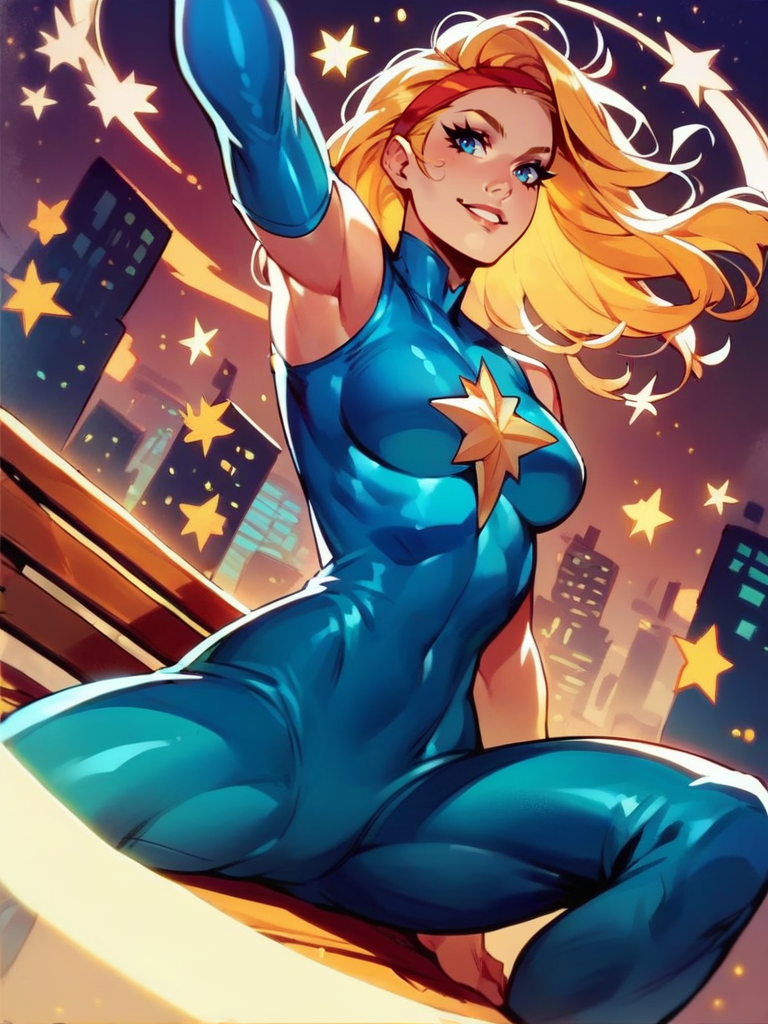 score_9, score_8_up, score_7_up, 1girl, sitting on bench, spread legs, sexy pose, cowboy shot, (dynamic pose:1.1), dynamic angle, light smile, city, night, from below,
 <lora:DazzlerClassic_character:1>, DazzlerXLP, blonde hair, blue eyes, hairband, bodysuit, star \(symbol\),