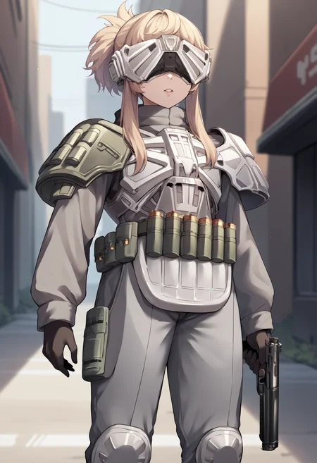 score_9, score_8_up, score_7_up, source_anime BREAK 1girl, solo, <lora:product23_pinne-nikke-richy-v1_pdxl:1> prdct23, visor \(armor\), covered eyes, blonde hair, armor, shoulder armor, long sleeves, gloves, grey pants, standing, parted lips, ammunition belt, ammo belt, shotgun, science fiction, huge weapon, holding gun, two-handed