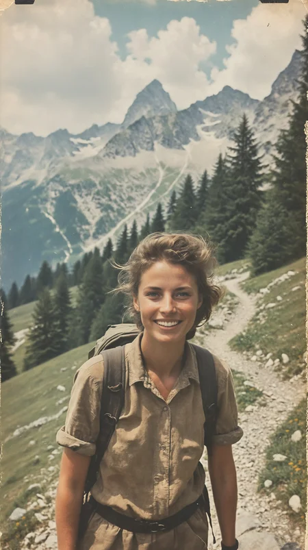 35mm Vintage photo of, one happy professional hiker in austrian alps in summer, <lora:Vintage_Street_Photo:0.85>