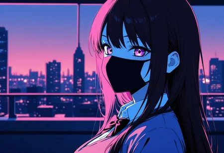 1girl, city center, Smooth_Quality, school uniform, vivid colors, face mask