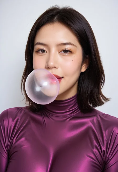 white skin, photo of an 22-year-old Korean idol,masterpiece, best quality,smiling, realistic,score_9, score_8_up, score_7_up, full body shot, semi realistic,forehead, shot,black hair,mature asian,milf, 
1girl, female, huge breasts, thick thighs, wide hips, horny, lips, korean_race_queenv2,gini_S2,Realisian-Neg, (yellow and black checkerboard skirt),(stiped yellow and red suit), (dark-purple latex shirt),pantyhose, parted bangs,manhwa milf, queen bee ami, lips (blowing clear large bubblegum)