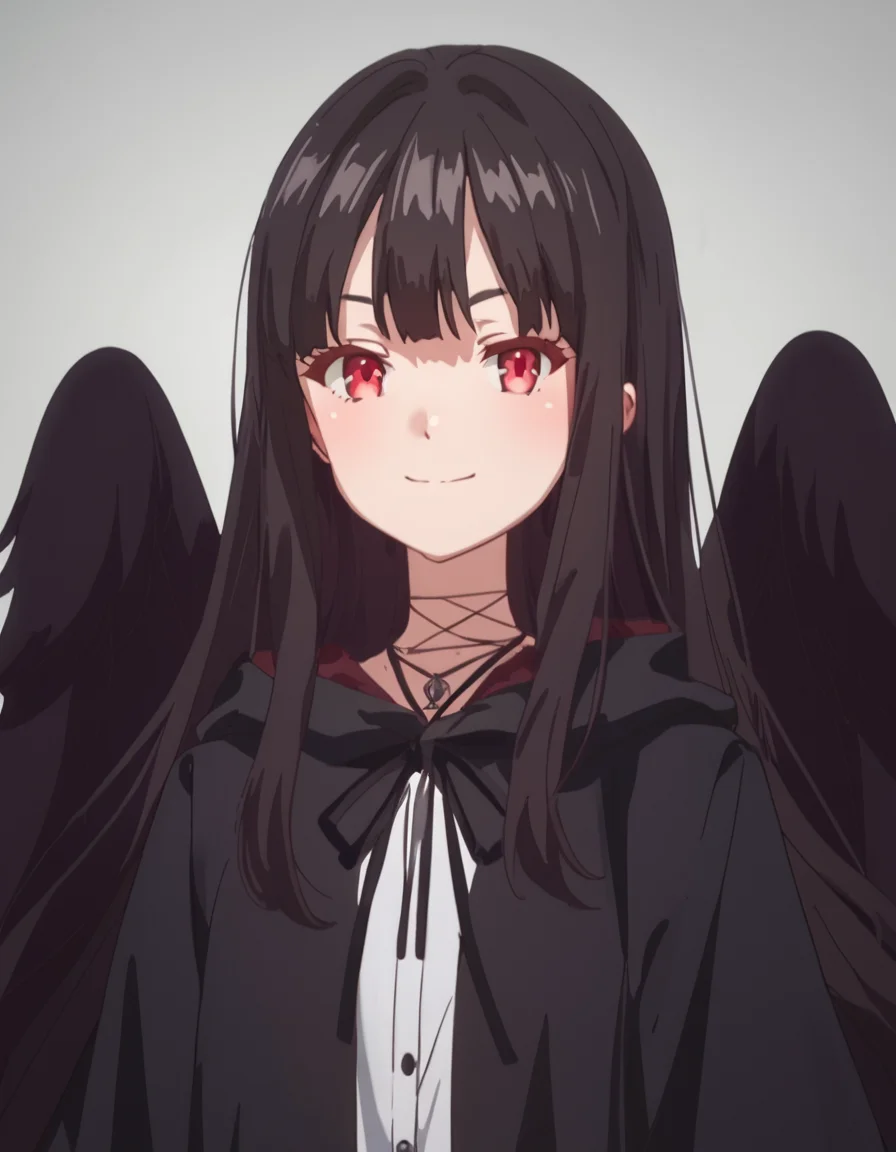 score_9, score_8_up, score_7_up, score_6_up, score_5_up, score_4_up, source_anime, Eve, black hair, red eyes, very long hair, black wings, , soft smile, portrait