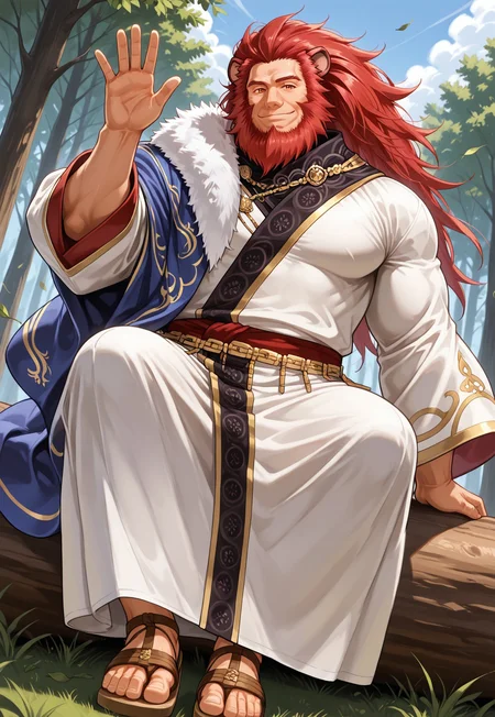 masterpiece, best quality, amazing quality, CaineghisFE, long hair, red hair, lion ears, orange eyes, beard, mature male, muscular, blue cloak, fur trim,  white robe, wide sleeves, gold accents, red sash, belt, sandals, looking at viewer, smile, dutch angle, dynamic pose, detailed background, forest, blue sky, clouds, gust of wind, leaves on the wind, sitting on log, waving, below view,
