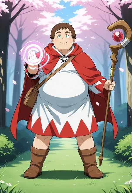 male, male focus, human,
BREAK chubby, masculine, large pectorals, moobs, broad shoulders, showing off chubby body, cherubic, bara,
BREAK fat, plump, brown_short_hair, fat face, round face, smiling and showing off chubby body,
BREAK green eyes,
BREAK v-neck white mage robe with hood down,
BREAK brown boots, brown shoulder bag, holding a staff,
BREAK golden magic, magic swirling around feet, wind_lift,
BREAK standing, dynamic pose, casting magic stance, Expressive, cherry blossoms falling around character, forest background, standing on grass,
BREAK cinematic shot, masterpiece hi res, best quality, very detailed, highly detailed texture, score_9, score_8_up, score_7_up, score_6_up, anime coloring, detailed anime shading, eyeshd, anime eyes, anime hair,