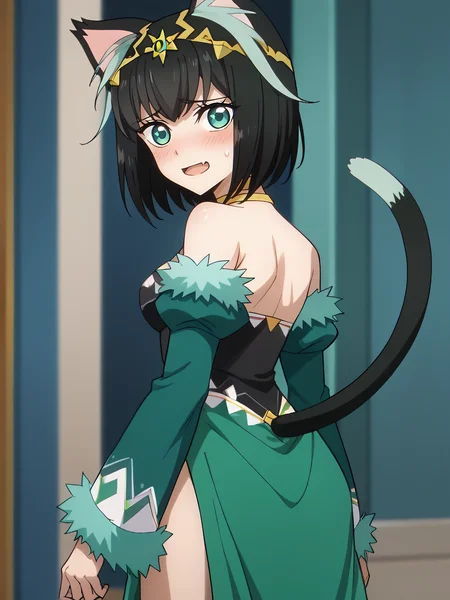score_9, score_8_up, score_7_up, rating_explicit, source_anime, <lora:StS_detail_slider_v1:3>, <lora:age_slider_v4:-1>,detailed skins, body blush,cowboy shot, perfect curyv medium breasts, highly detailed, body blush,(cowboy shot:1.4), looking at viewer, perfect eyes,perfect hands,<lora:Tama__Matilda_Isekai_Shikkaku:1>,tama,cat ears,animal ear fluff, multicolored hair, two-tone hair,black hair,light green hair, bangs, short hair,aqua eyes,medium breasts, (sidelocks:1.4), tail, open mouth, light smile, armpit peek, , <lora:StS_age_slider_v1_initial_release:-0.8>, matildadress,hair ornament,jewelry, green dress,bare shoulders,fur-trimmed sleeves,detached sleeves, from behind, looking back, nervous, nervous sweating,