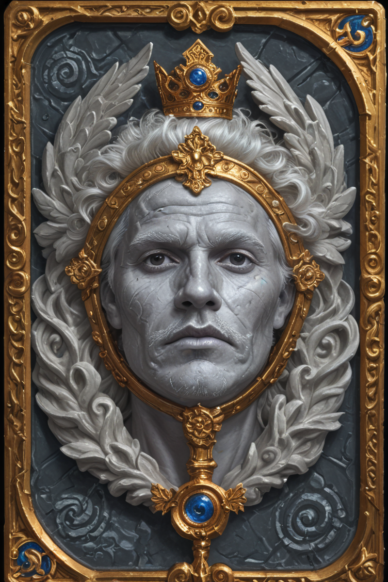 score_9,score_8_up,score_7_up,
hyper-detailed, masterpiece, best quality,realistic details,
Card, Tarot, graphic border, Illustrative,obsidian stone, skeuomorphic, detailed,  upper body,Yellow crown, Scepter,
(An Marble statue of old man:1.2), White hair, Wrinkled face,head down,Short hair,Black eyes,
, (Open mouth:0.2), Confused,  Gorgeous and expensive clothes,Thin hair, green atmosphere, 
<lora:sdxl_lightning_8step_lora:1>
<lora:DM_CB:1> 
glowneon<lora:glowneon_xl_v1:1>  <lora:GustaveDore_StyleXLv6.1:1>