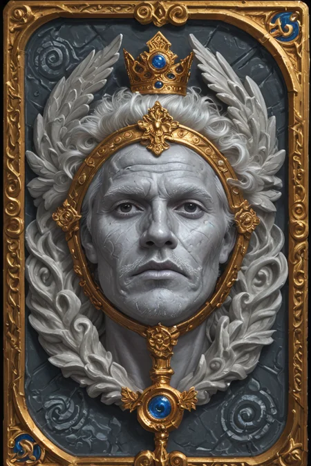 score_9,score_8_up,score_7_up,
hyper-detailed, masterpiece, best quality,realistic details,
Card, Tarot, graphic border, Illustrative,obsidian stone, skeuomorphic, detailed, upper body,Yellow crown, Scepter,
(An Marble statue of old man:1.2), White hair, Wrinkled face,head down,Short hair,Black eyes,
, (Open mouth:0.2), Confused, Gorgeous and expensive clothes,Thin hair, green atmosphere,
<lora:sdxl_lightning_8step_lora:1>
<lora:DM_CB:1>
glowneon<lora:glowneon_xl_v1:1> <lora:GustaveDore_StyleXLv6.1:1>