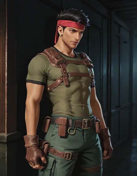 masterpiece, best quality, newest, perfect quality, best quality, detailed background, intricate details, male focus, realistic, solo, <lora:FF7 - Biggs - Illustrious-000007:0.7>, 7biggs, dark skin, 1boy, black hair, short hair, brown eyes, stubble, red headband, single earring, green shirt, harness, holster, belt, brown gloves, fingerless gloves, green capri pants, boot