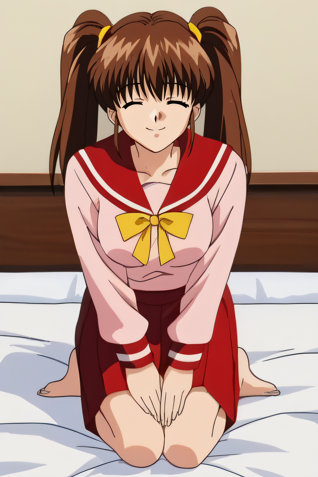 score_9, score_8_up, score_7_up, source_anime, rating_safe, intricate details, anime screencap, official style, 1girl, solo, retro, <lora:Serizawa_Miki:1>, serizawamiki, bangs, closed eyes, brown hair, twintails, long hair, pink shirt, medium breasts, school uniform, long sleeves, red sailor collar, yellow ribbon, red skirt, barefeet, looking at viewer, full body, indoor, in bed, kneeling, hands on knees, smile