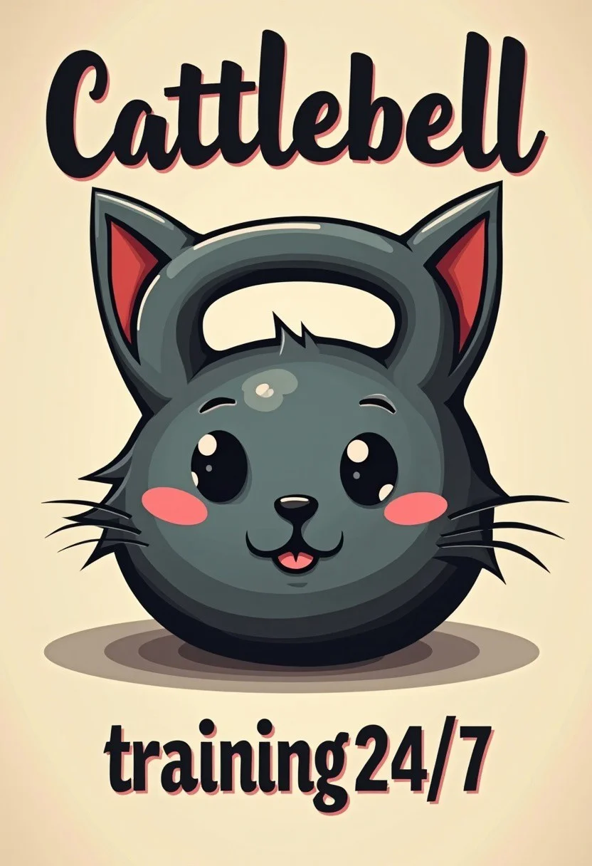 A gym flyer with a kettlebell in the shape of a cute cat head. Text below reads "Cattlebell training 24/7"