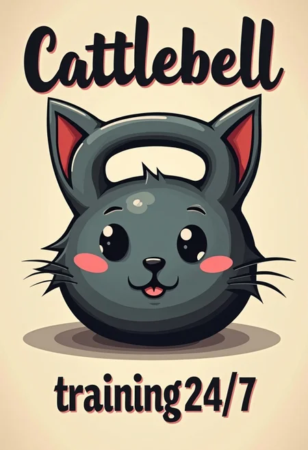 A gym flyer with a kettlebell in the shape of a cute cat head. Text below reads "Cattlebell training 24/7"