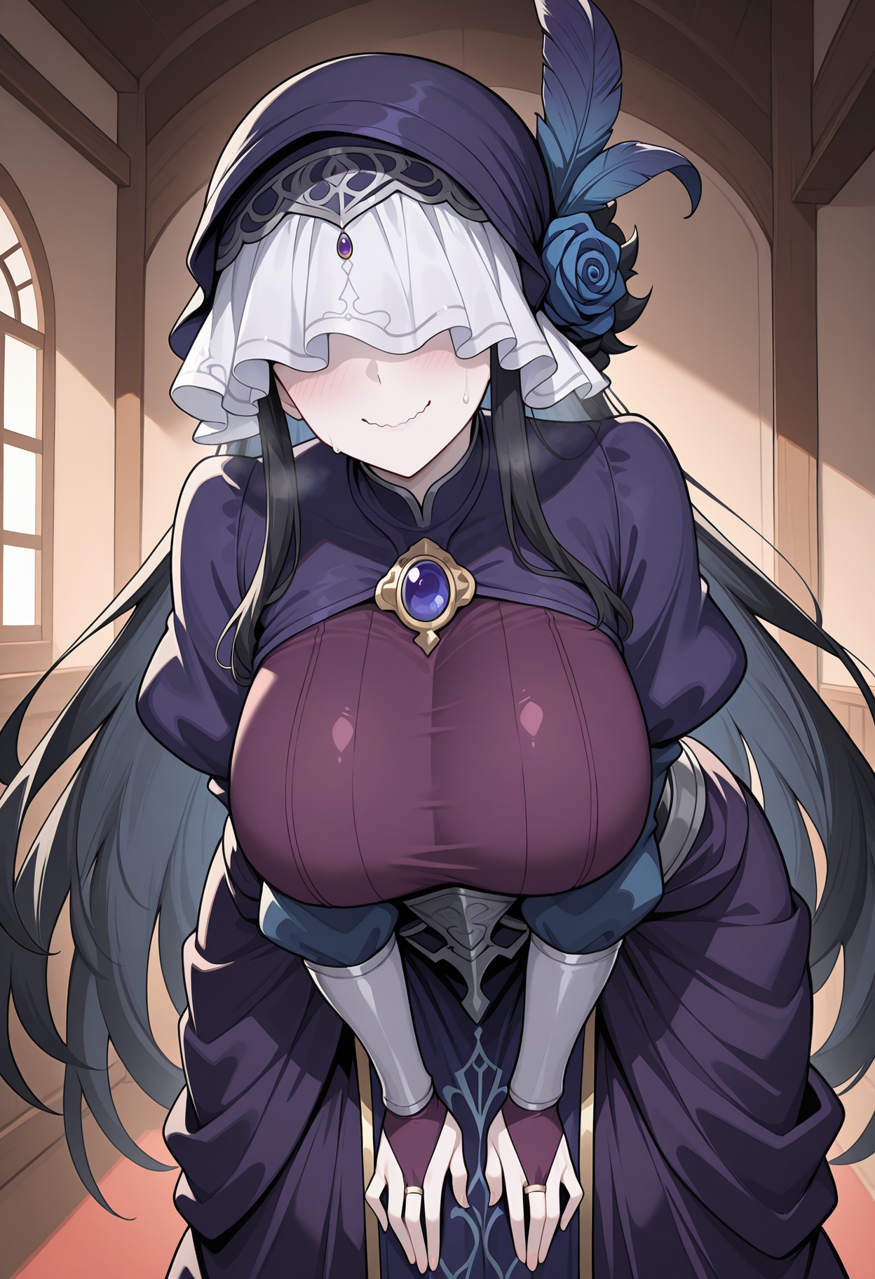 indoors,celestegbf, black hair, very long hair, pale skin, large breasts,dark purple dress, blue sleeves, covered eyes, hat, hat feather, veil, blue rose, brooch, jewelry, puffy long sleeves, bridal gauntlets, long dress, tabard,smile, wavy mouth, sweat, leaning forward, blush, <lora:_celeste_granblue-elesico-ilxl-000012:1> highres, best quality, masterpiece,
1girl, solo,