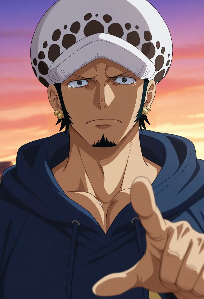 masterpiece, best quality, , anime screencap, , , looking at viewer, 1boy, solo, male focus, <lora:law_trafalgar_ilxl:0.94>, law_trafalgar, black hair, black eyes, short hair, facial hair, sideburns, long sideburns, goatee, hat, , , , focused, armory, dusk, pointing, tearing up,