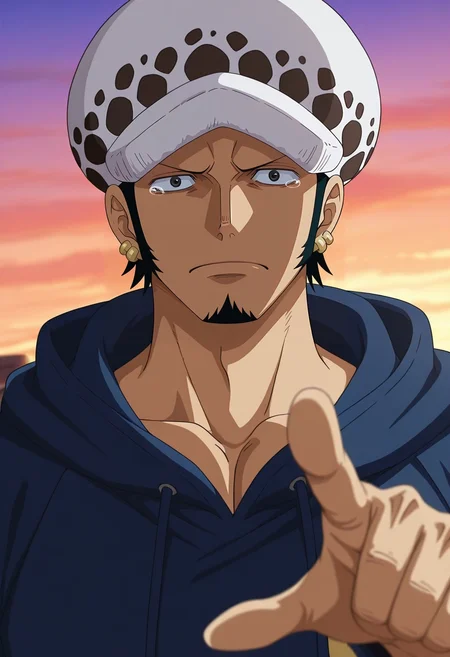 masterpiece, best quality, , anime screencap, , , looking at viewer, 1boy, solo, male focus, <lora:law_trafalgar_ilxl:0.94>, law_trafalgar, black hair, black eyes, short hair, facial hair, sideburns, long sideburns, goatee, hat, , , , focused, armory, dusk, pointing, tearing up,