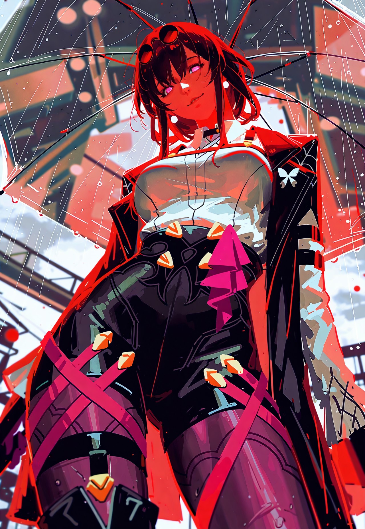 (guweiz, konya karasue, dino \(dinoartforame\):1.2), film grain, cinematic, limited palette, realistic, sketch, red theme,
masterpiece, best quality, amazing quality, very aesthetic,
(dynamic angle), dutch angle, from below, long shot,
1girl, (solo:1.2), kafka \(honkai: star rail\), holding transparent umbrella, looking at viewer, smug, head tilt, tall, narrow waist, contrapposto,
grey sky, storm, rain, water drop,
indoors, blurry background, backlighting, depth of field, perspective,
nhl-001