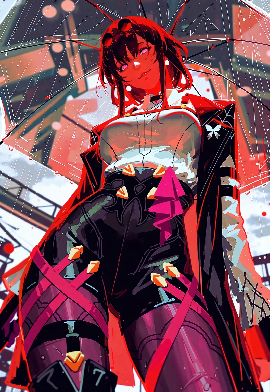 (guweiz, konya karasue, dino \(dinoartforame\):1.2), film grain, cinematic, limited palette, realistic, sketch, red theme,
masterpiece, best quality, amazing quality, very aesthetic,
(dynamic angle), dutch angle, from below, long shot,
1girl, (solo:1.2), kafka \(honkai: star rail\), holding transparent umbrella, looking at viewer, smug, head tilt, tall, narrow waist, contrapposto,
grey sky, storm, rain, water drop,
indoors, blurry background, backlighting, depth of field, perspective,
nhl-001