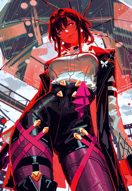 (guweiz, konya karasue, dino \(dinoartforame\):1.2), film grain, cinematic, limited palette, realistic, sketch, red theme,
masterpiece, best quality, amazing quality, very aesthetic,
(dynamic angle), dutch angle, from below, long shot,
1girl, (solo:1.2), kafka \(honkai: star rail\), holding transparent umbrella, looking at viewer, smug, head tilt, tall, narrow waist, contrapposto,
grey sky, storm, rain, water drop,
indoors, blurry background, backlighting, depth of field, perspective,
nhl-001