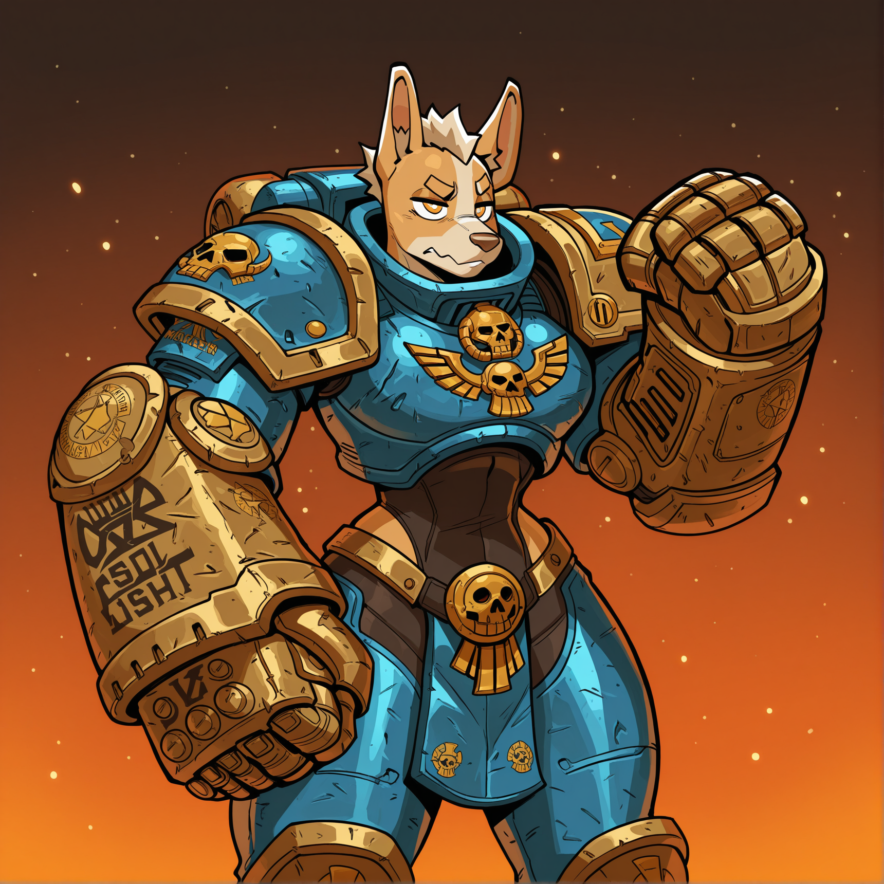masterpiece, best quality, amazing quality,(detailed background:1),1girl,solo,CeehazStyle,furry,furry female,nix, welsh corgi,power_armor,space marine armor,(power fist,huge fist:2), cowboy shot,warhammer 40k,skinny,ultramarine,flexing,purity seal <lora:Ceehaz_StyleCharacters_v3 v2:1>