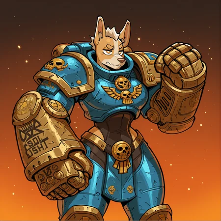 masterpiece, best quality, amazing quality,(detailed background:1),1girl,solo,CeehazStyle,furry,furry female,nix, welsh corgi,power_armor,space marine armor,(power fist,huge fist:2), cowboy shot,warhammer 40k,skinny,ultramarine,flexing,purity seal <lora:Ceehaz_StyleCharacters_v3 v2:1>