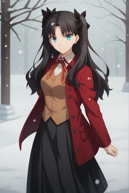 score_9, score_8_up, score_7_up, score_6_up, score_5_up, score_4_up, BREAK source_anime, 1girl,
<lora:TohsakaRinXL-v1-04:0.7>, ChopioTohsakaRin, black hair, long hair, two side up, parted bangs, hair ribbon, aqua eyes, looking at viewer,
(thick thighs:0.7), medium breasts,
outfit_1, red coat, buttons, collared shirt, neck ribbon, brown vest, black skirt, long skirt, pleated skirt, black pantyhose,
outdoors, snowing, snow, smile,