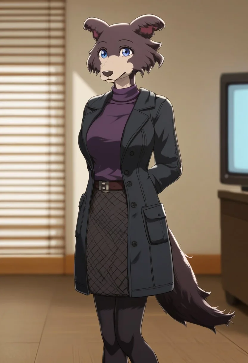 zPDXL, score_9,score_8_up,score_7_up,_up, best quality, amazing quality, masterpiece, 1girl, looking at viewer, solo, fullbody, cute, juno, <lora:Juno-03:1> ,sexy pose, wolf girl, animal ears, animal nose, brown fur, blue eyes,(black coat, purple turtleneck, black pantyhose, black gloves),((room with TV)),(wolf tail),room,contour_deepening,depth of field, huge filesize,wallpaper,background,(flat color),large breasts, blurry background