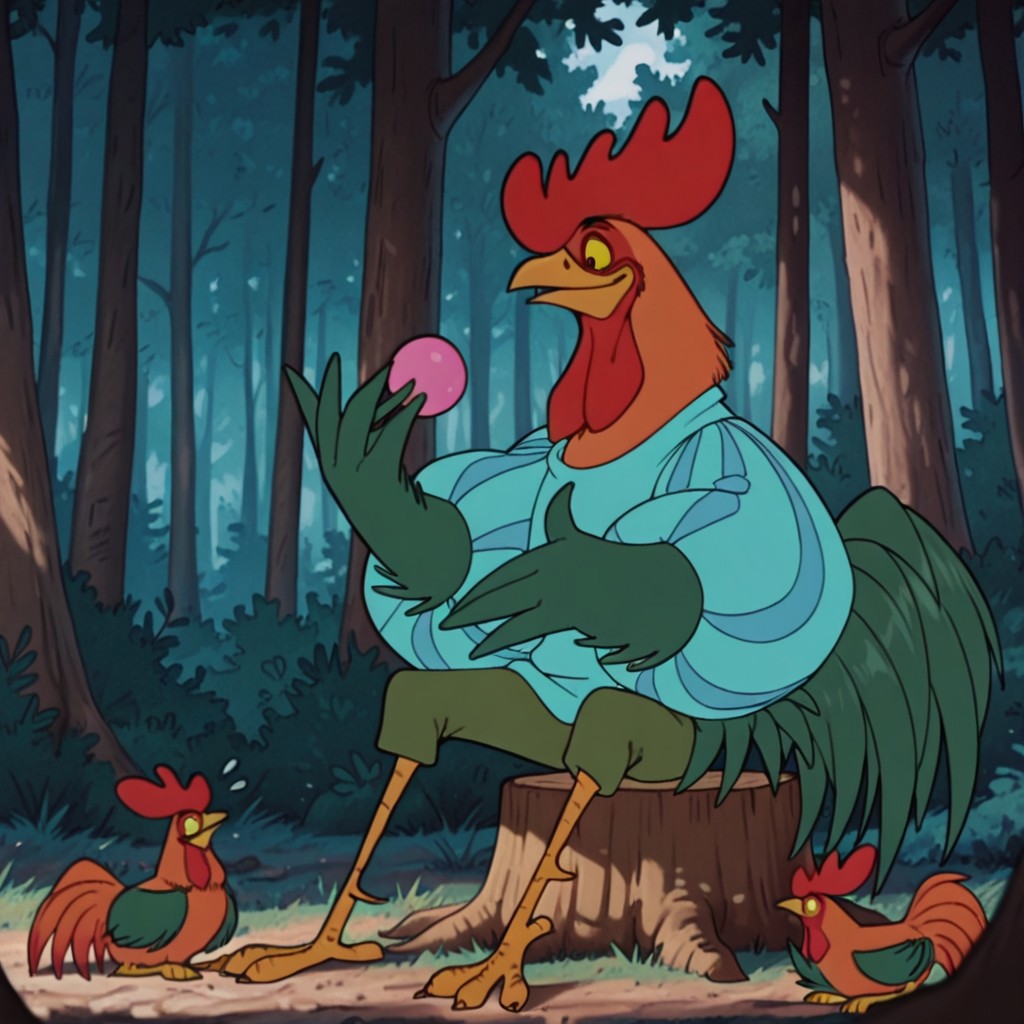 ((masterpiece, best quality, amazing quality,)) Alan-A-DaleRHil, semi-anthro, male, rooster, red comb, bird, green feathers, orange neck feathers, yellow sclera, black eyes, winged arms, blue striped shirt, puffy sleeves, green pants, green tail, sitting, on tree stump, in a forest, juggling chickens