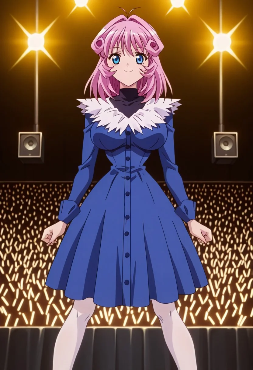 <lora:anime_screencap-IL v-pred:1>, anime screencap, anime coloring, amazing quality, very aesthetic, absurd resolution, masterpiece, 4k resolution, perfect anatomy, perfect eyes, (hand with four fingers and one thumb), BREAK 1girl, 3/4 body shot, <lora:CD11_rina_ill-05:1>, Rina_CD11, pink hair, medium hair, blue eyes, slim waist, wide hips, large breasts, perky breasts, sexy standing pose, legs apart, lewd lower body, shifting her hips, looking at viewer, Smile, Closed mouth, (<lora:blue_concert_ill-05:1>, (blue shirtdress, v-neck, white feather neckline, blue buttons, long sleeves, blue sleeves, knee-length dress, white feather hemline,), (black turtleneck, sleeveless, under dress,), white pantyhose, ), breast focus, BREAK (concert stage, concert lights, black scaffolding, speakers, multiple men, audience, watching, casual clothes,),