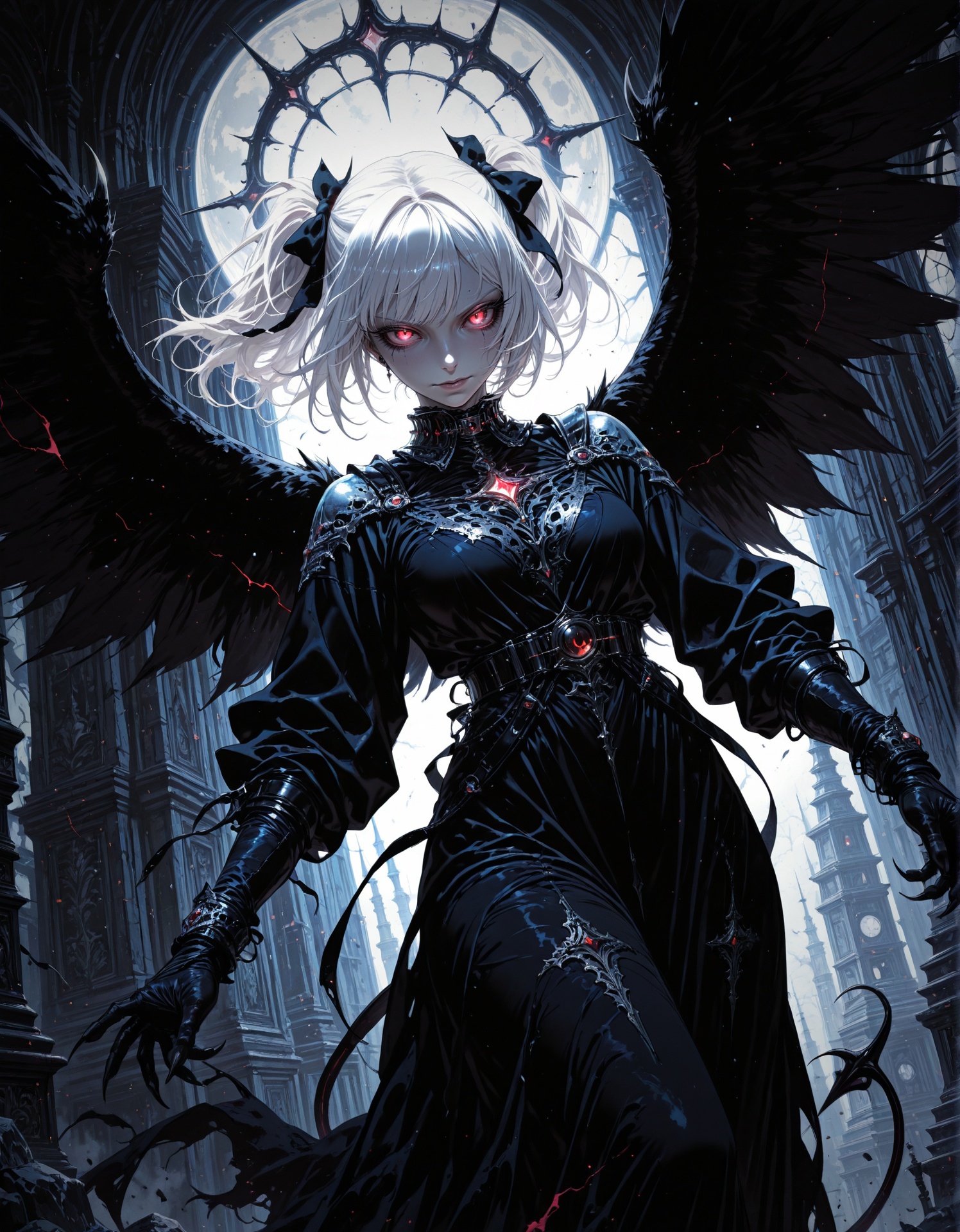 masterpiece, best quality,high quality, newest, highres,8K,HDR,absurdres, dynamic angle, 1girl,girl demon,white hair,glowing eyes,pale skin,two ponytails with black bows,black wings,claws,black dress,beautiful_face,partially illuminated,long eyelashes,moonlight,short hair,collar, dutch angle  <lora:iLLMythM4gicalL1nes:1> M4gicalL1nes