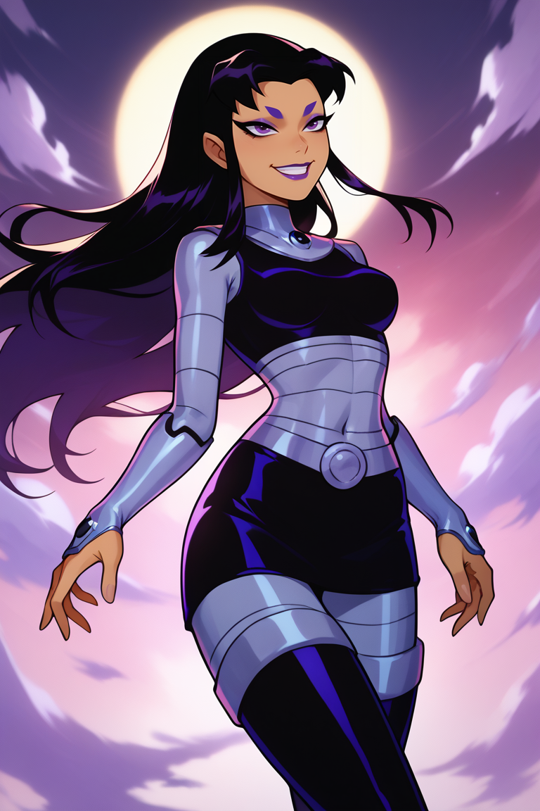 score_9, score_8_up, score_7_up, BREAK, 1girl, solo, breasts,  <lora:blackfire-guy-PONYv1:1>, blackfire, makeup, lipstick, bodysuit, thigh boots, floating, midair, smile,